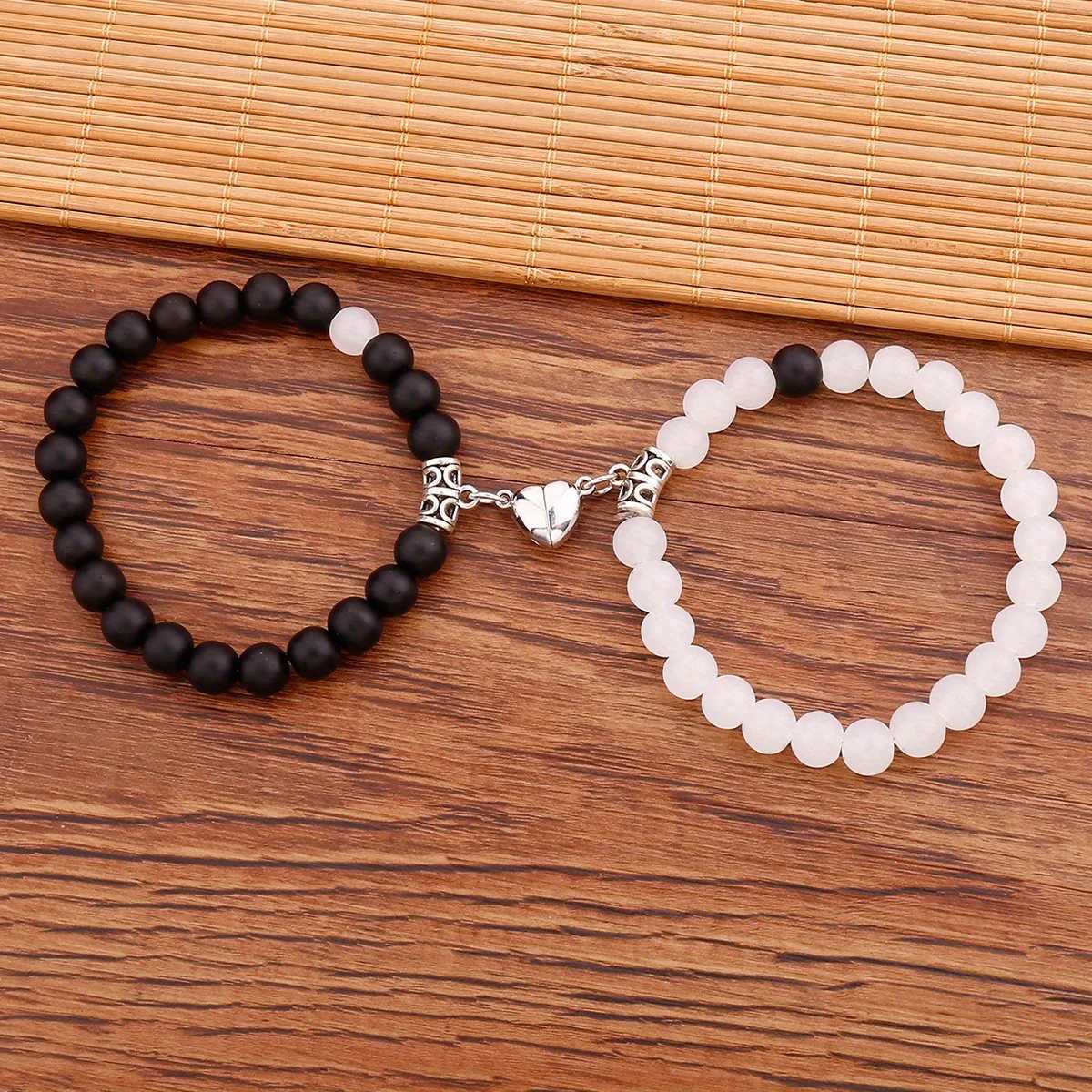 Love Heart Magnetic Beaded Bracelet Set 2 Pcs Stretchable Hand Jewelry For Best Friend/ CouplesX240921
