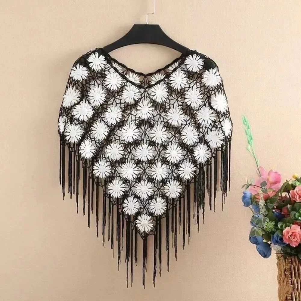 Thin crochet knitted Cape Town womens fashionable ethnic style jacket womens clothing tassel shawl raincoat womens summer bag jacket W240921