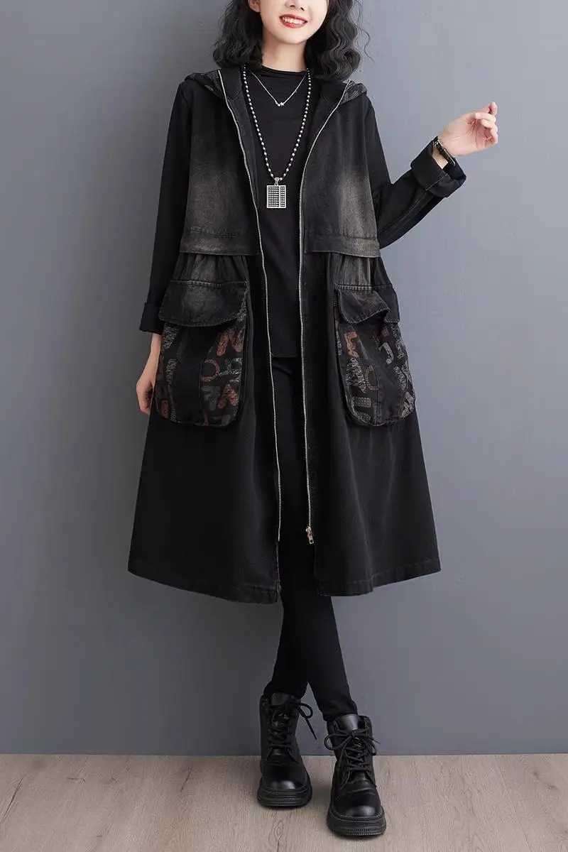 Retro Washed Oversized Denim Jacket 2024 Early Spring Casual Loose Fit Hooded Printed Spliced Jeans Coat Windbreaker Z4057X240921