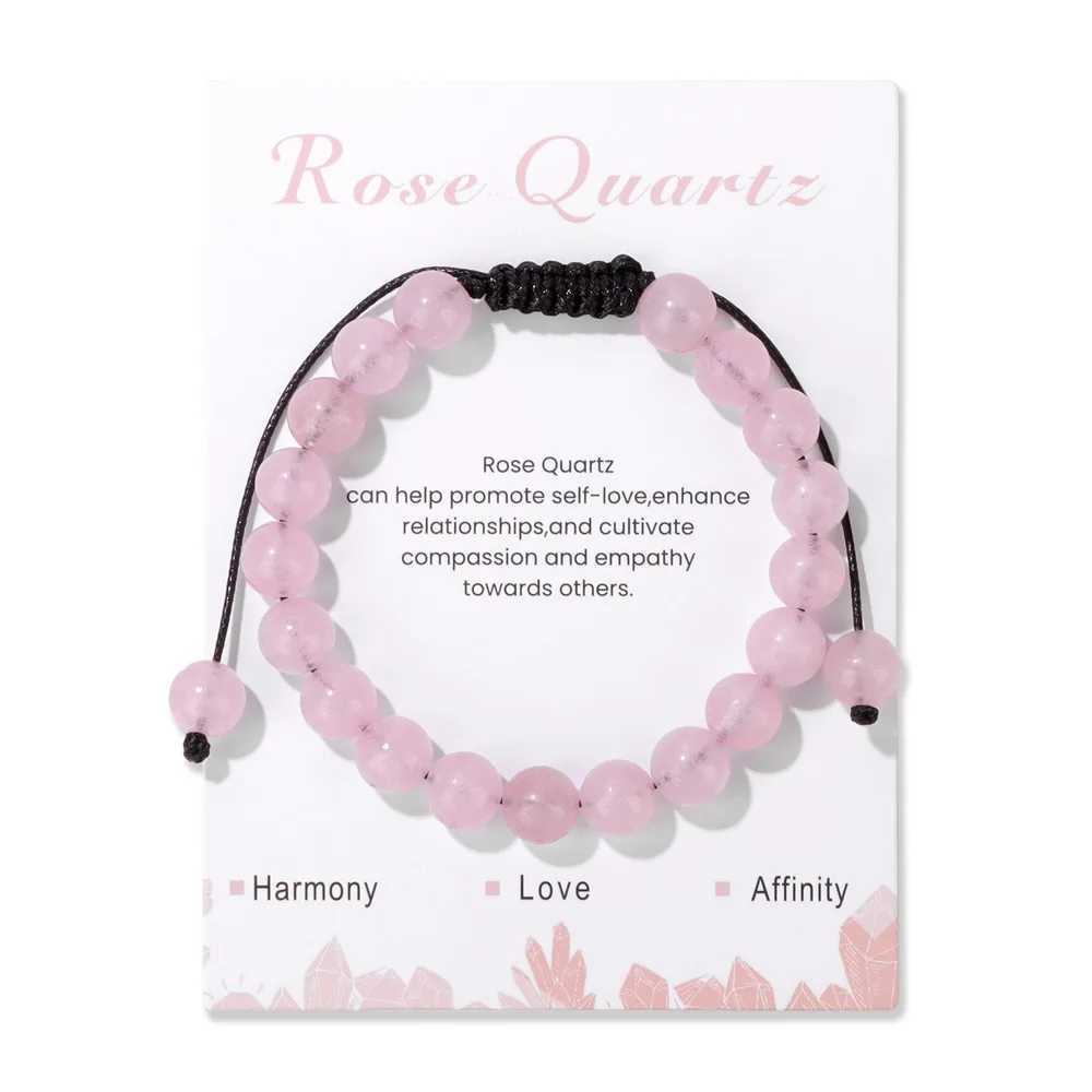 Adjustable 8mm Pink Rose Quartzs Beads Bracelet With Card Natural Stone Braided Bracelets Bangles For Women Men Yoga JewelryX240921