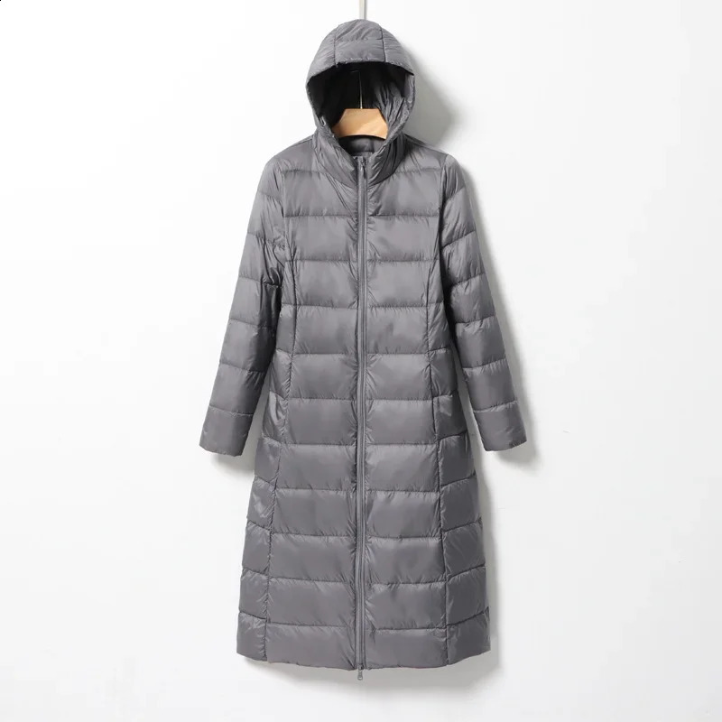 Womens Long Down Jacket Style Ultra Light Knee Fashion Slim Fit Hooded Casual Inflatable 240918