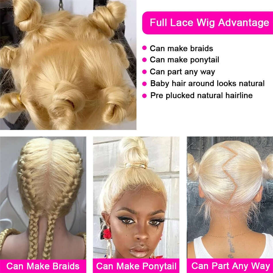 Full Real 613 Blonde Straight Remy Brazilian 100% Human Ponytail Hair Wig Transparent Lace Frontal