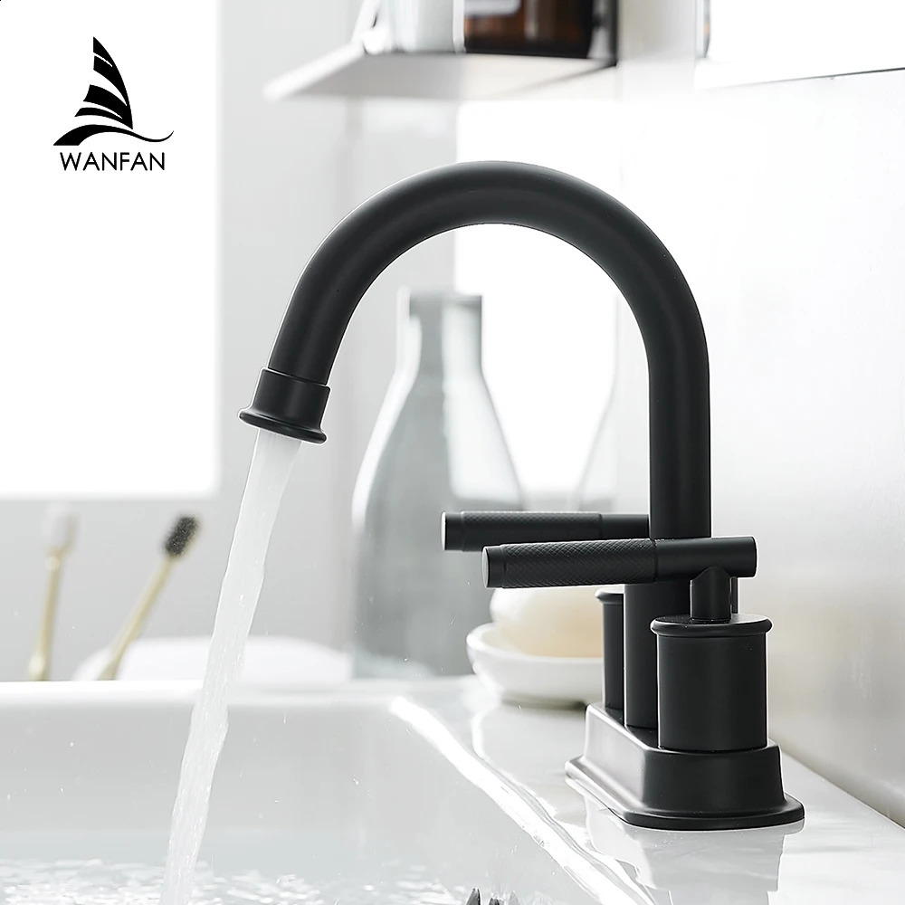 Basin Faucets Matte Black Deck Mounted Bathroom Sink Faucets 3 Holes Double Handle And Cold Water Mixer Tap 855111 240918