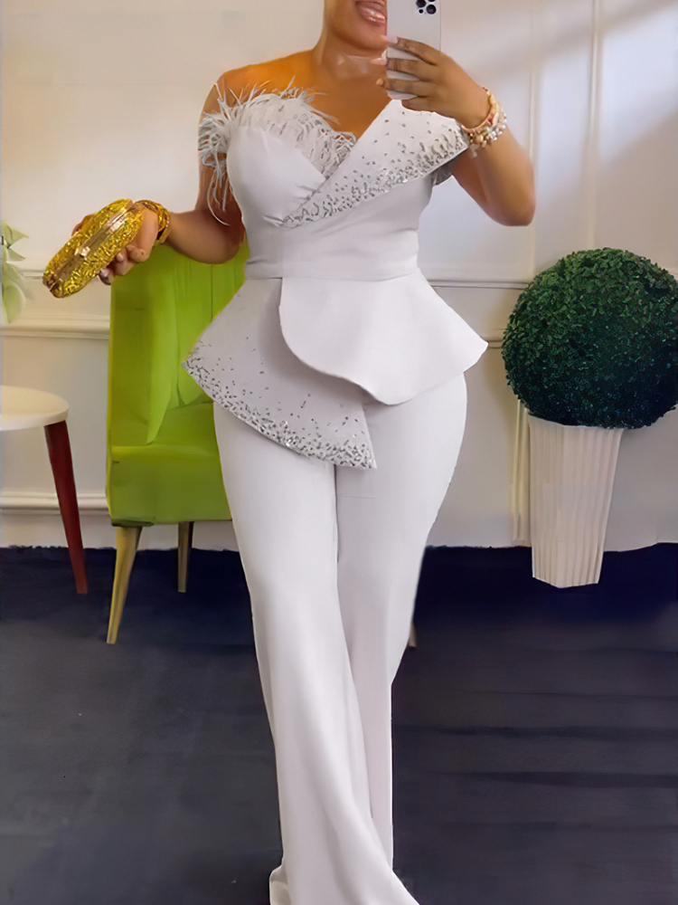 Elegant Jumpsuits For Women Shoulder Sleeveless Beading Dias Wide Leg Pants One Piece Outfit Ocn Party Clothing