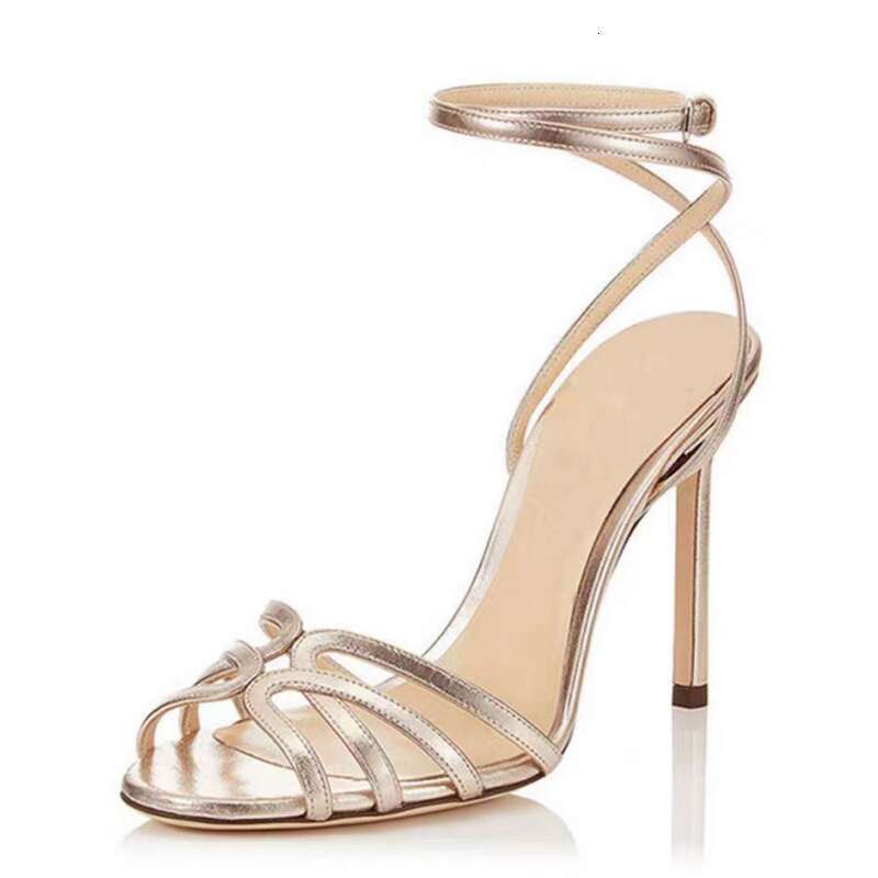 CACA 2023 Women High Heeled Sandals, Fashion Sexy Summer Shoes, Cross Straps,Big Size 44,45,,Gold,Sier,Dropship