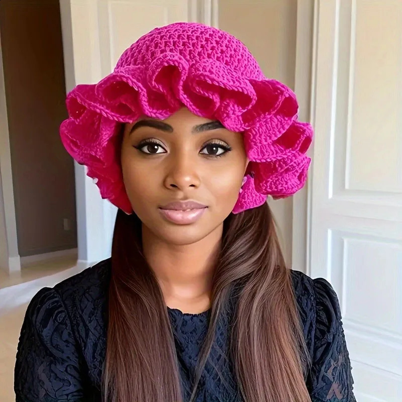 Colorful Crochet Ruffle Bucket Hat Warm Stretch Knit Hat Year Celebration Womens Fashionable Handmade Beanie Hat 240921