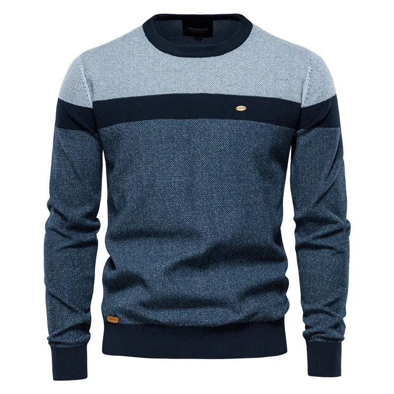 Autumn Winter Mens Sweater High-Quality Round Neck Stripe Color Blocking Warm Pullover Male Fashion Casual Knitwear Men Clothing