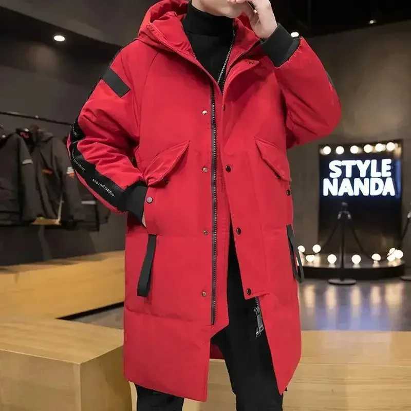 Mens Parkas Hooded new over the knee coat thick medium length clip on zipper button winter white duck down jacket W240920