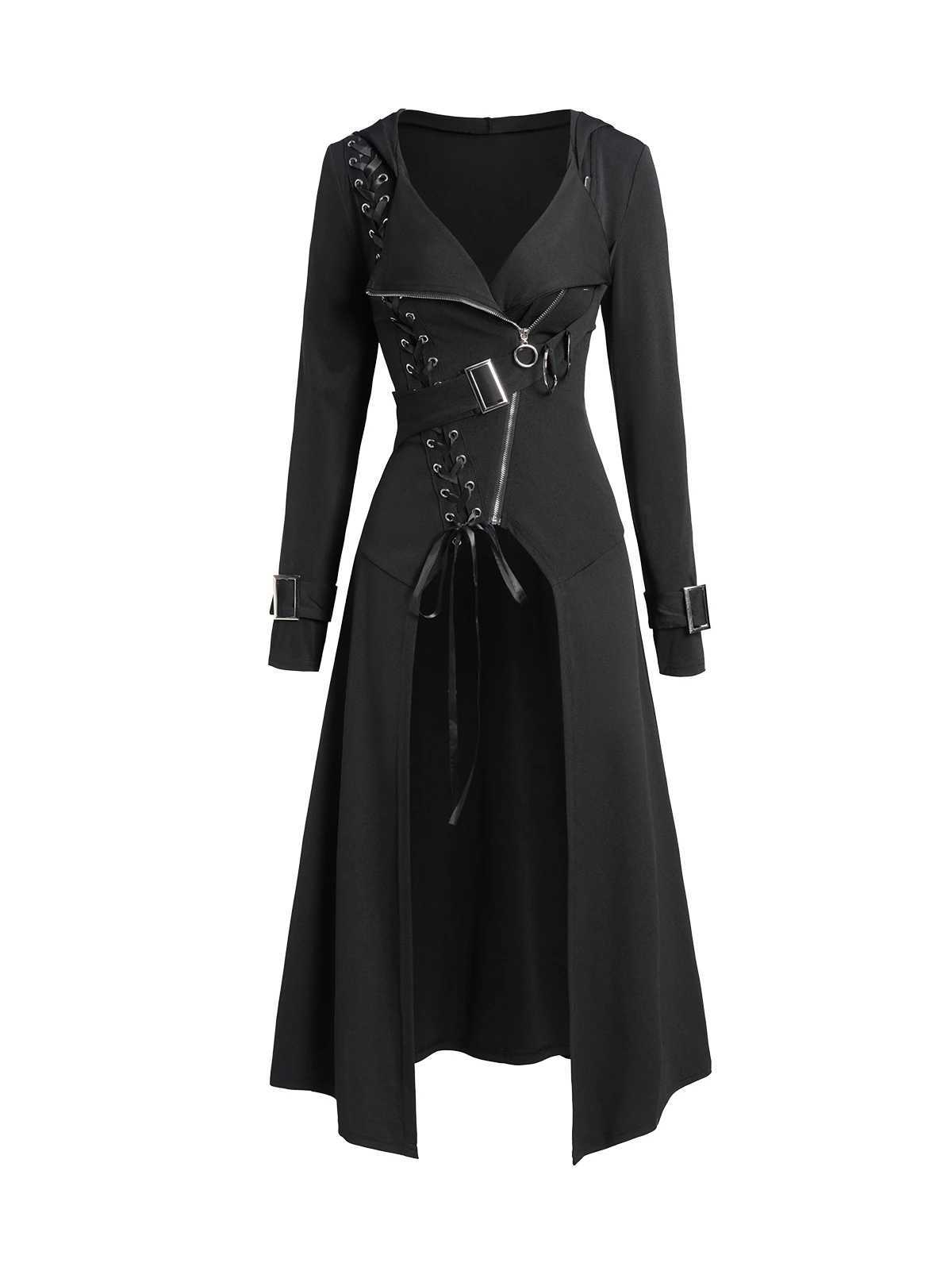 Fall New Punk Gothic Hooded Coat Plain Color Lace Up Zip Overcoat For Women Long Sleeve Trench Longline Outwear X240921