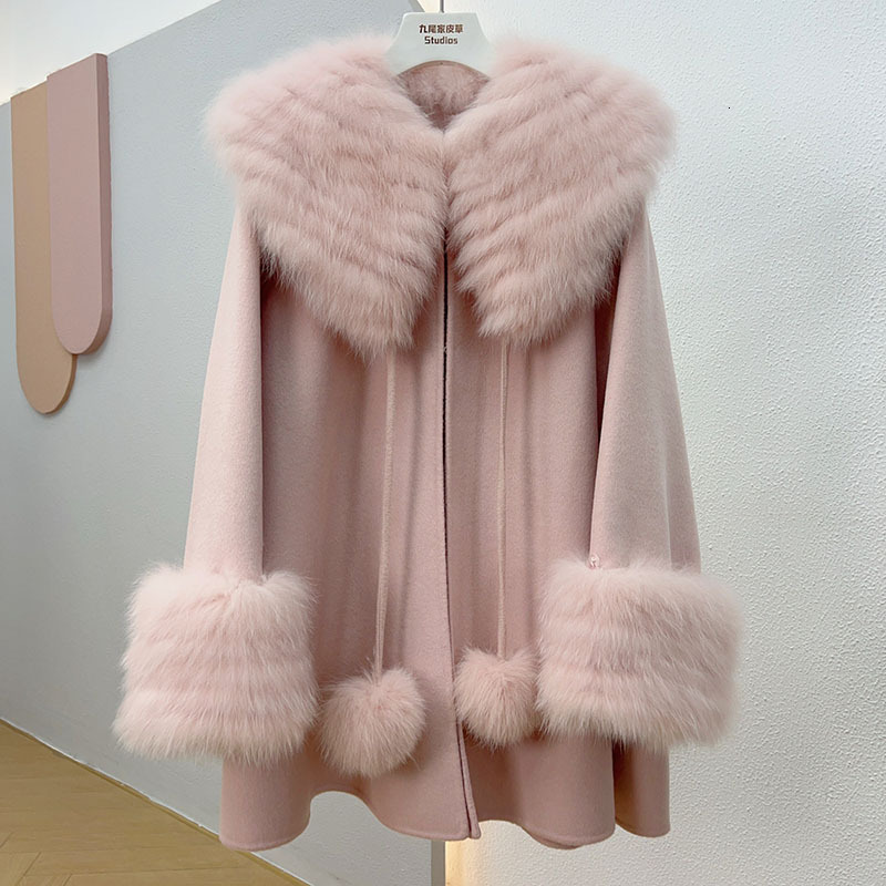 2024 New Loose Blended Coat With Real Collar Long Sleeve Fashion Genuine Fox Fur Jacket Female Outwear Wool Jackets