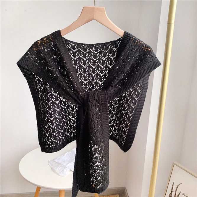 Fashion Korean Knot Knitted Shawl Womens Hollow Coat Shawl Spring Autumn Shoulder Net Red Shawl Blue W240921