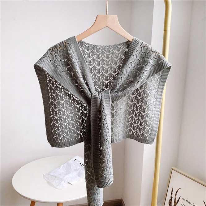 Fashion Korean Knot Knitted Shawl Womens Hollow Coat Shawl Spring Autumn Shoulder Net Red Shawl Blue W240921