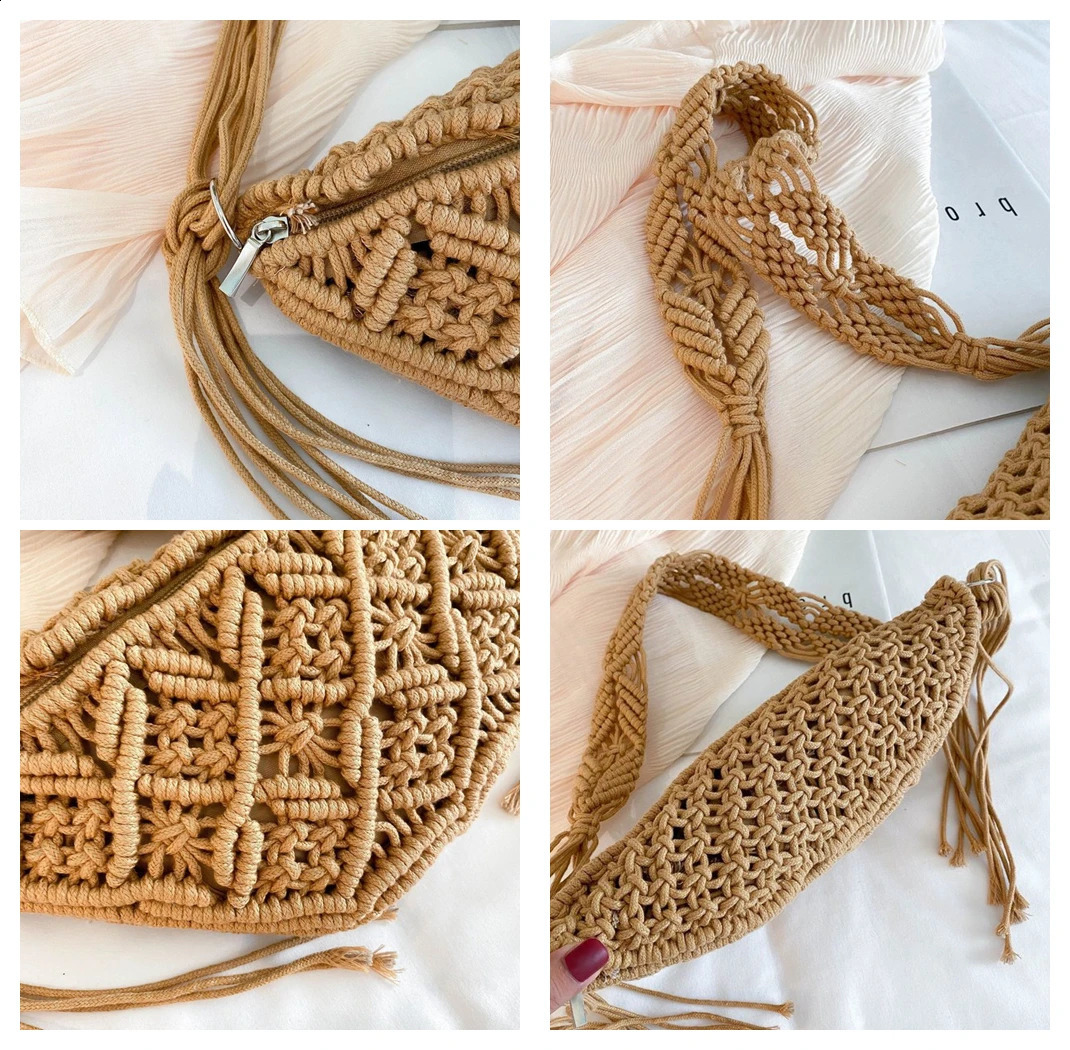 Summer Bohemia Hand Woven Beach Bag with Tassels Cotton Crochet Hollow Out Travel Tote Ethnic Style Handbags Underarm 240919