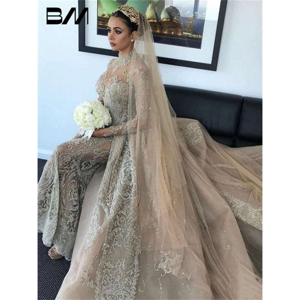 Illusion Cut-Out High Neck Arabic Wedding Dress For Women With Detachable Train Bridal Gown Two Piece Bride Dresse