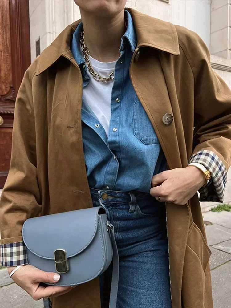 Women Plaid Lined Long Windbreakers Loose Lapel Single Breasted Long Sleeve Female Jackets 2024 Autumn Vintage Lady CoatsX240921