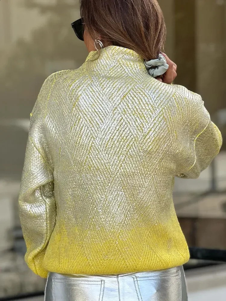 Shiny metal gradient knitted sweater suitable for womens elegant turtle neck long sleeves loose floral autumn Communicating knitting 240921