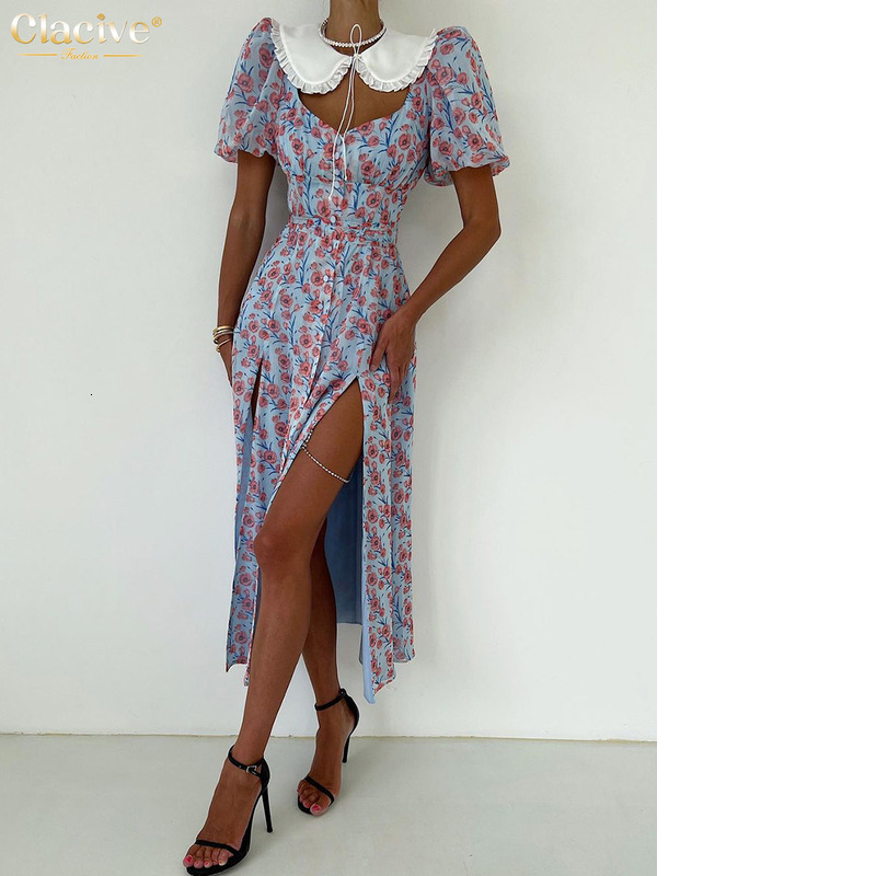 Clacive Summer Slim Print Midi Dress Lady Sexy Elegant Doll Collar Puff Sleeve Single Breasted Slit Party Dresses For Women 2023