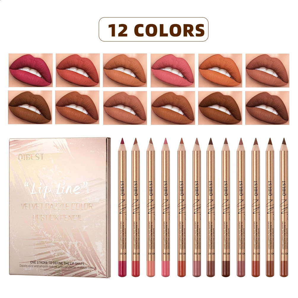 12 color sexy matte lipstick pencil waterproof durable lipliner non sticky cup lip contour pencil beauty makeup set 240919