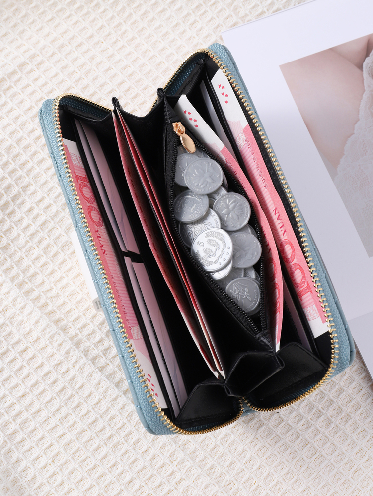New designer wallet, fashionable solid color PU wallet, girls' zipper printed handbag, simple temperament, simple sewing, e-coin wallet, free shi