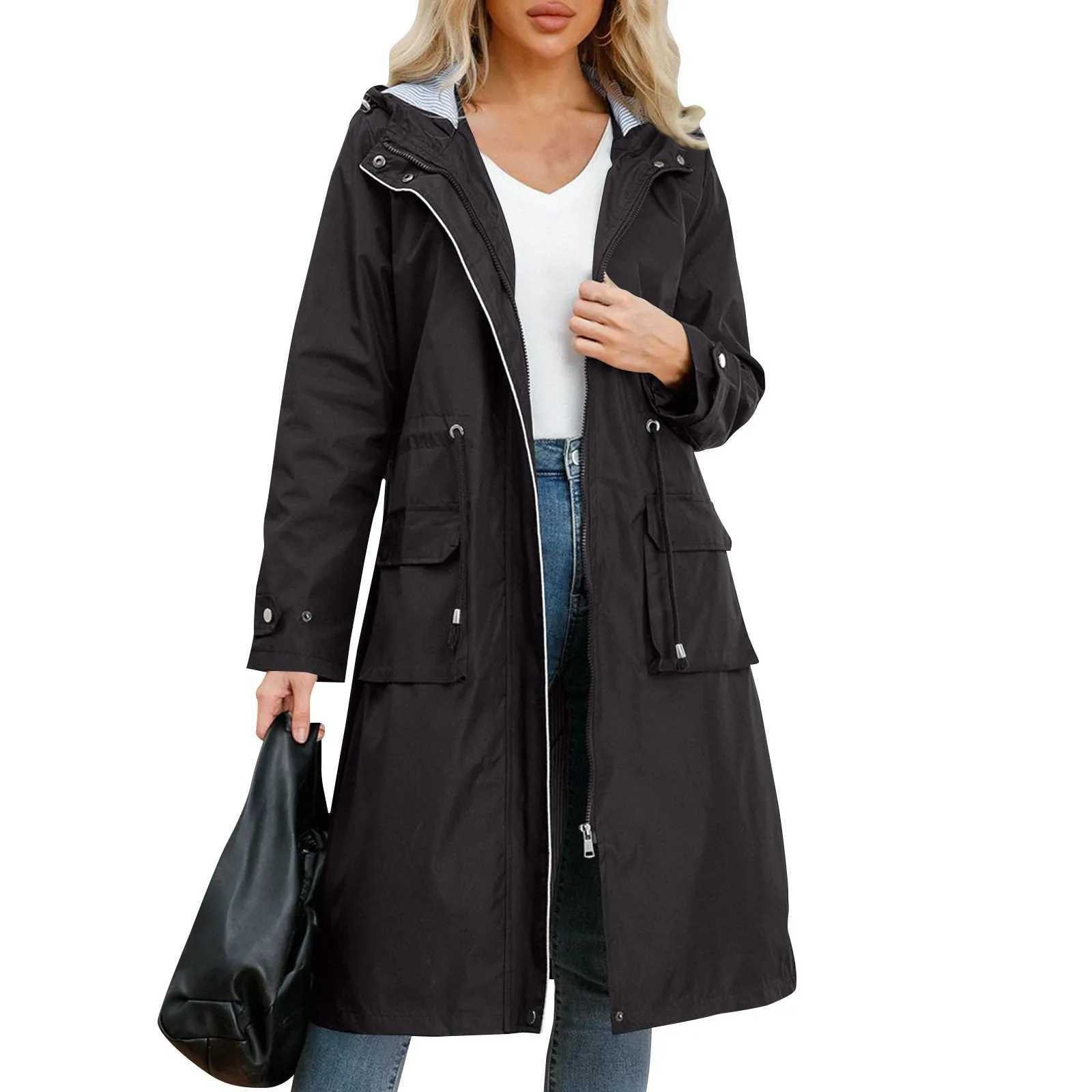 WomenS Solid Hooded Jackets Autumn New Medium Length Windbreaker With Striped Daily Causal Comfortable Straight Tube TrenchX240921