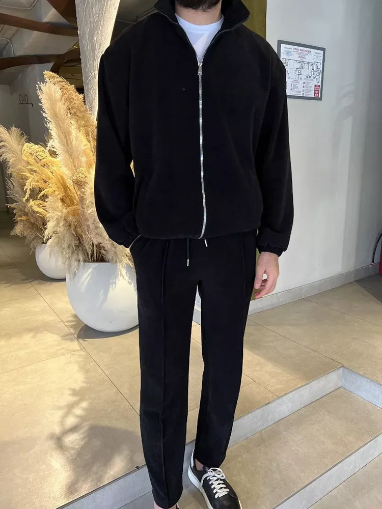Casual Mens Two Piece Sets Streetwear Fashion Solid Color Slim Zipper Lapel Jacket And Pants Two Piece Suits Men Stylish Outfits 240918