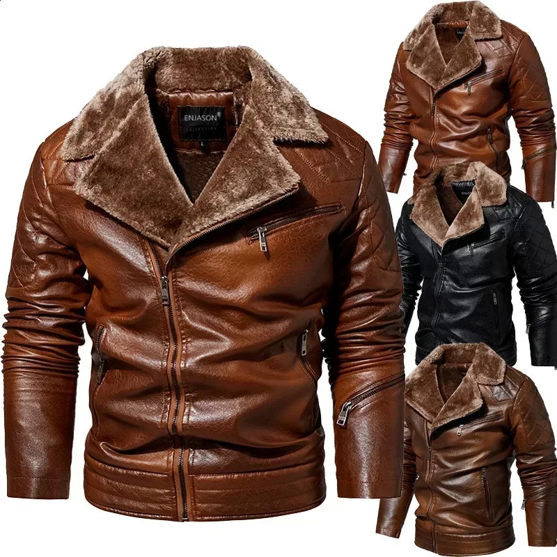 Fashion Warm Winter Mens Leather Jacket with Fur Collar Thicken Fleece Motorcycle Coat Casual Faux Leather Locomotive Jacket 240911