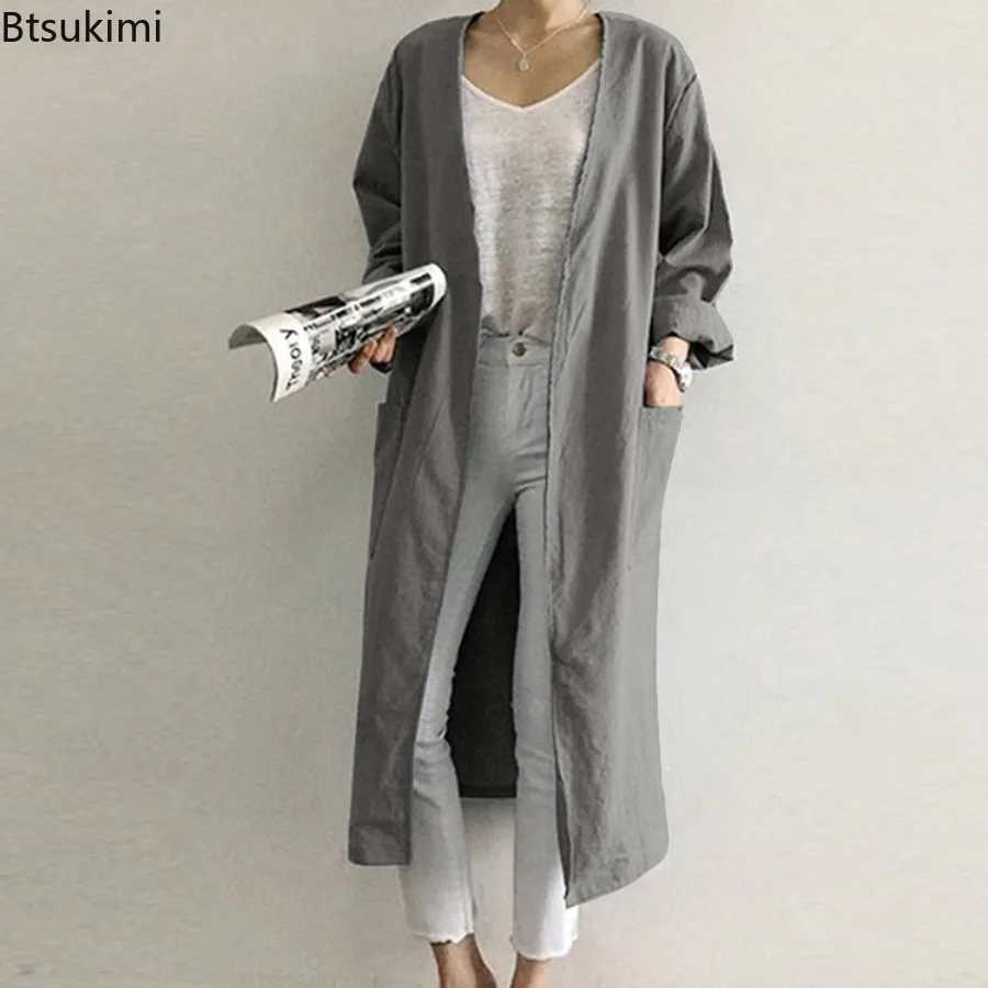 2024 New Womens Simple Temperament Cardigan Solid Long Trench Coats Fashion Casual V-neck Kimono Tops Women Long Jackets RobeX240921