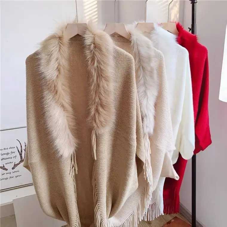 Fur collar winter shawl and wrap Bohemian edge oversized womens winter raincoat and shawl bat sleeve cardigan W240921