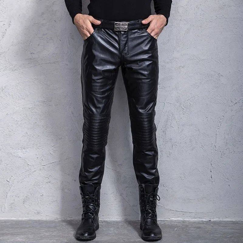 Cow leather pencil pants for men motorcycle bike windproof genuine leather pants for men punk style slim fit suitable for riding Trousers 240913