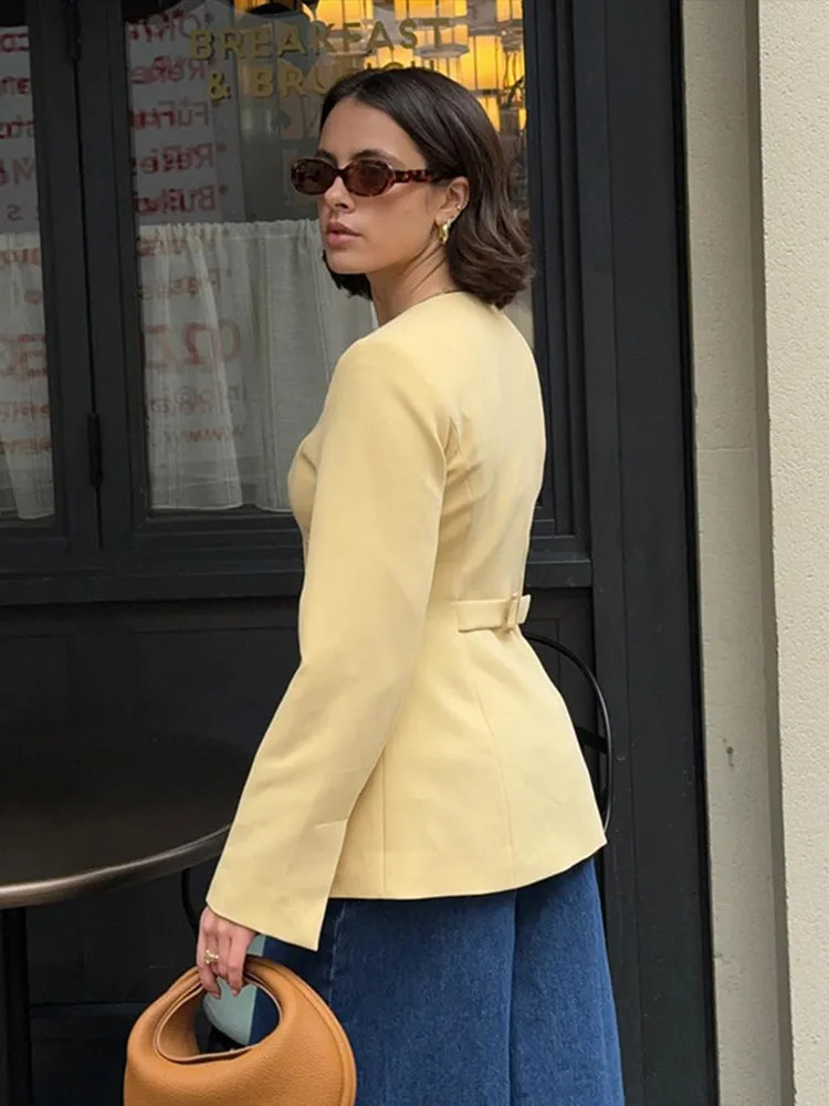 Commute Suit Coat Women Minimalism O-neck Full Sleeves Single Breasted Front Split Female Blazer Coats 2024 Autumn Slim Lady Top 240918