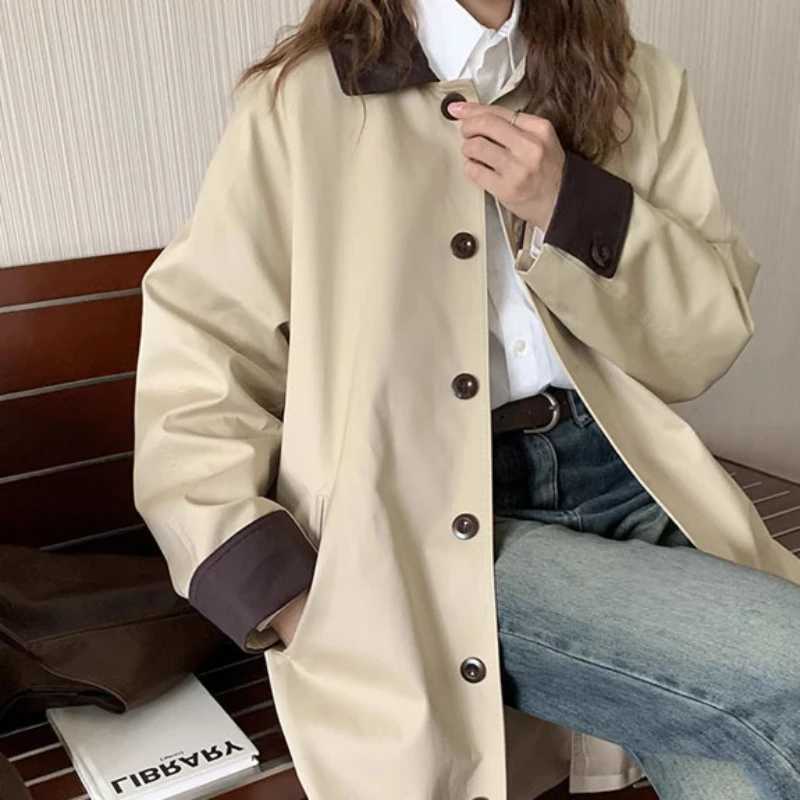 Korean College Style Vintage Medium-length Trench Coat Jacket for Women Fashion Chic Single Breasted Lapel Loose Beige OuterwearX240921
