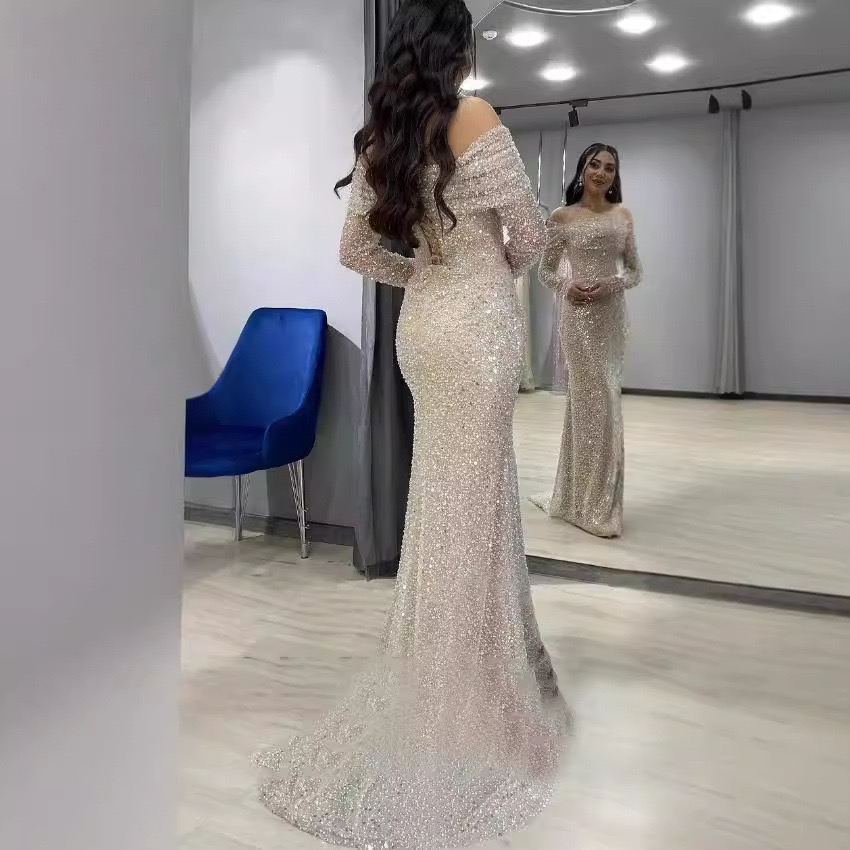 Luxurious Off Shoulder Sequined Mermaid Evening Dresses Long Sleeved Elegance for Formal Party Occasions Sparkly Beads Elegant Reception Gown For Wome
