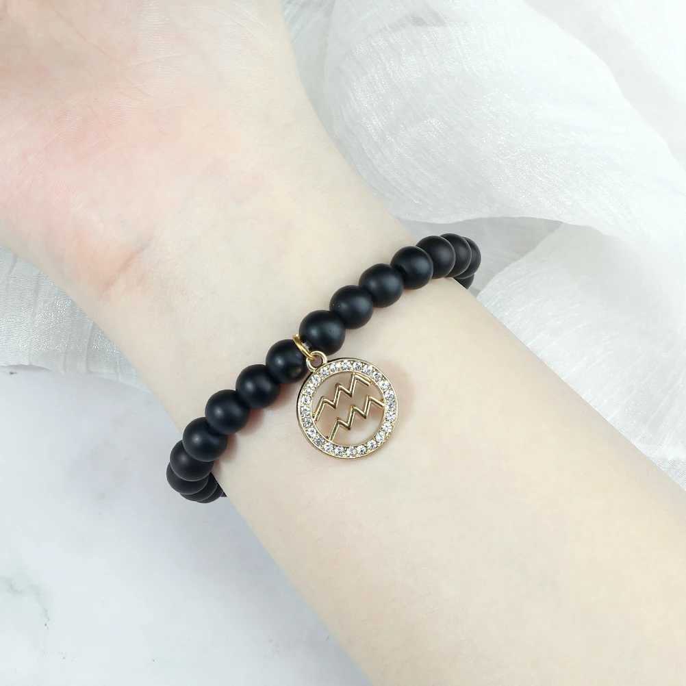 New Twelve Signs Gemini Charm Elastic Bracelet Women Men Natural 8mm Black Matte Couple Bangles Pulsera Chain Jewelry GiftX240921