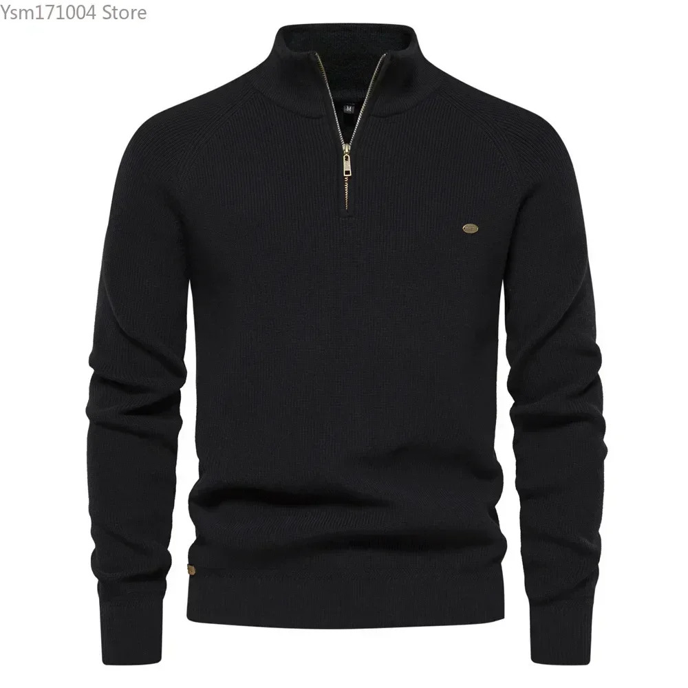 New Men's Half High Neck Zipper Solid Elastic Slim Fit Long Sleeve Casual Business Men Knitted Pullover Sweater