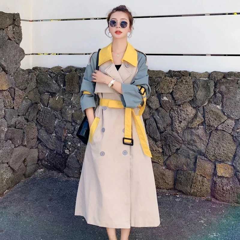 2023 Spring Fall Korean Patchwork Color Women Mid-length Trench Coat With Belt Double-Breasted Lady Windbreaker Female OuterwearX240921