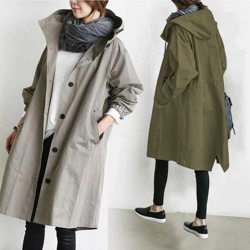 Hooded Pocket Long Sleeve Windbreaker Loose Coat Mid Length Jacket British Style Women Clothes Solid Autumn Thin Casual VintageX240921