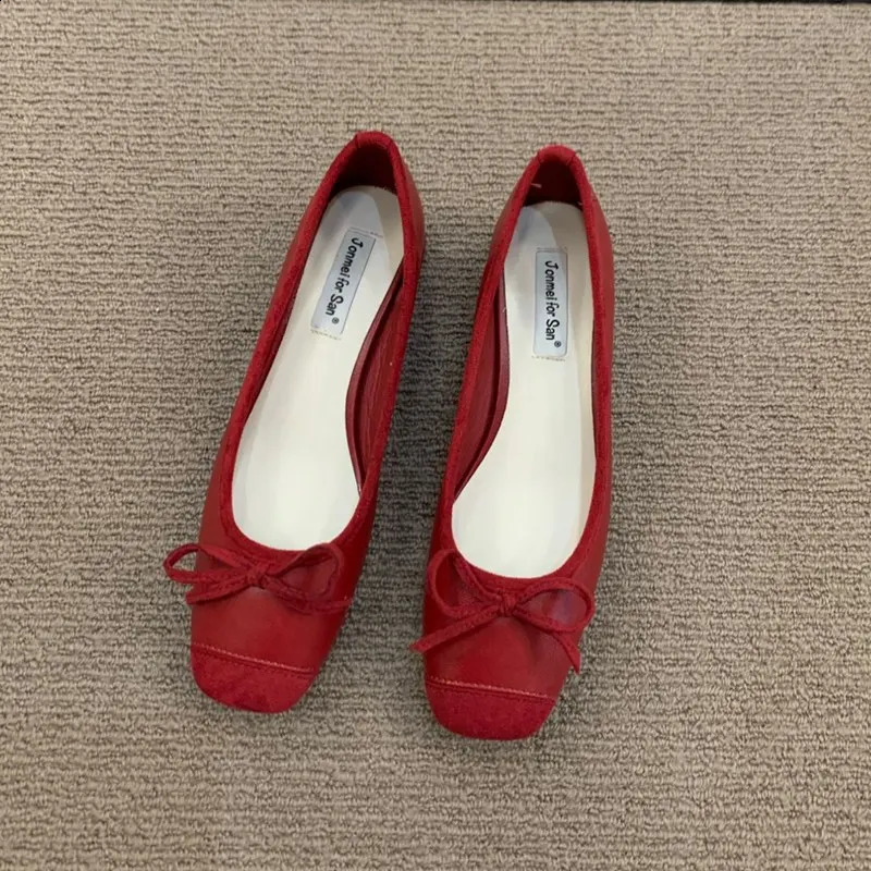 Fashion Elegant Red Ballerinas Women Pumps Slip on Loafers Round Toe Square Heels Bowknot Casual Spring Autumn Low Heel Shoes 240921