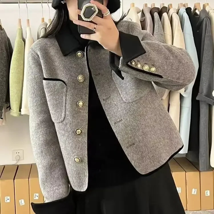 Womens Korean Style Color Block Tweed Short Coat - Stylish Wool Overcoat for Spring Autumn