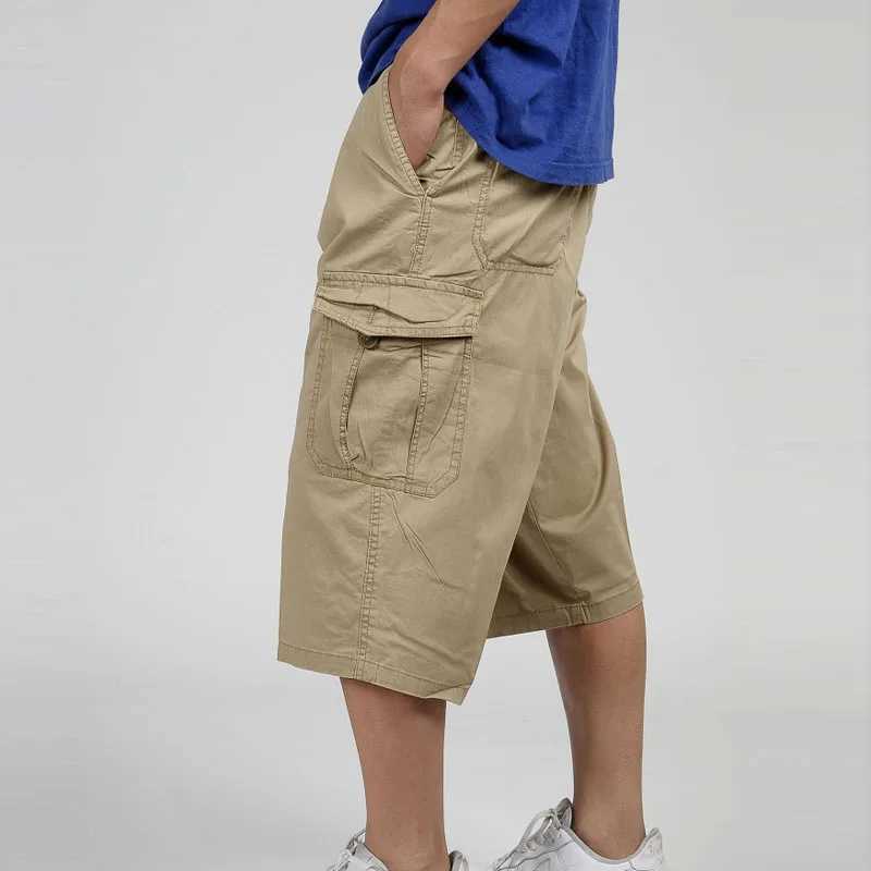 2023 Men Summer Multi-Pocket Baggy Cargo Cotton Calf Length Pants Casual Trouser Male Large Solid Color Shorts Plus Size Xl-6XlX240921