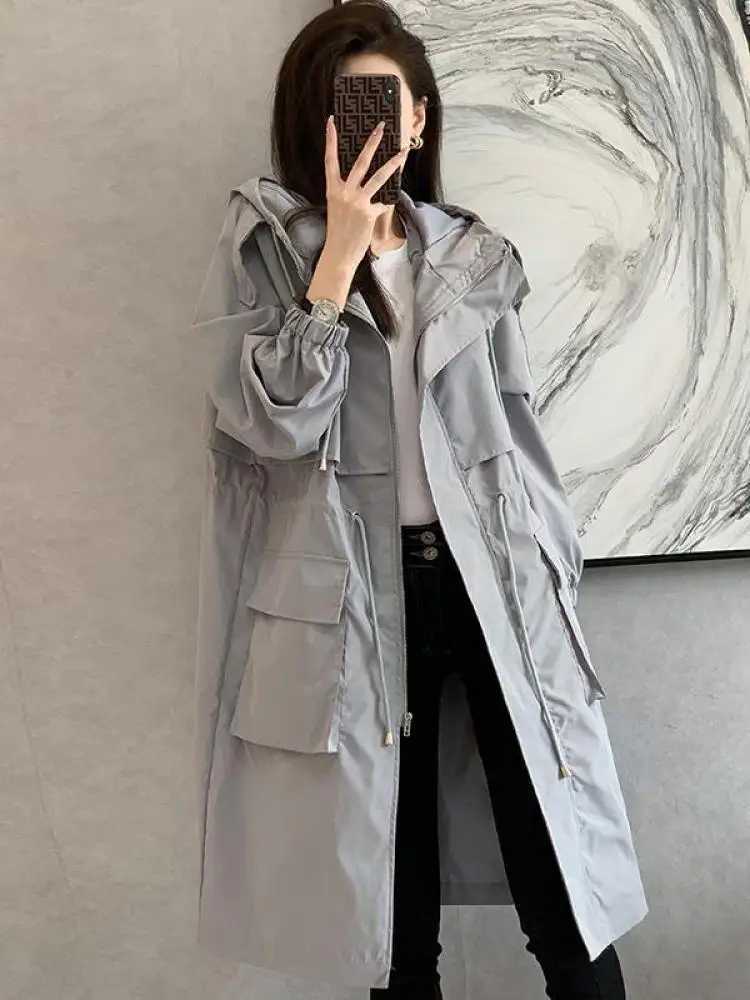Solid Classic Hooded Long Trench Coat For Women Autumn Oversized Casual Drawstring Bandage Windbreaker Loose Zip Up Jackets ChicX240921