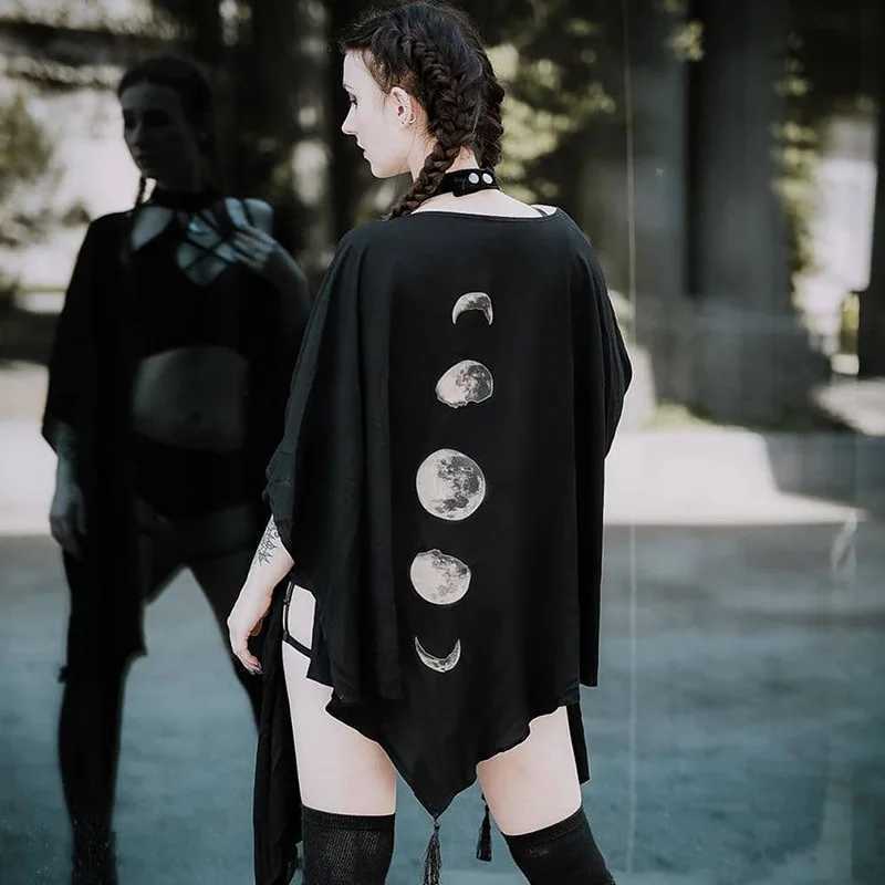 FICHOR Gothic Moonphase Womens Black Cloak Autumn/Winter Geometric Y2k Graphic Gothic Coat Large Irregular Raincoat for Women W240921