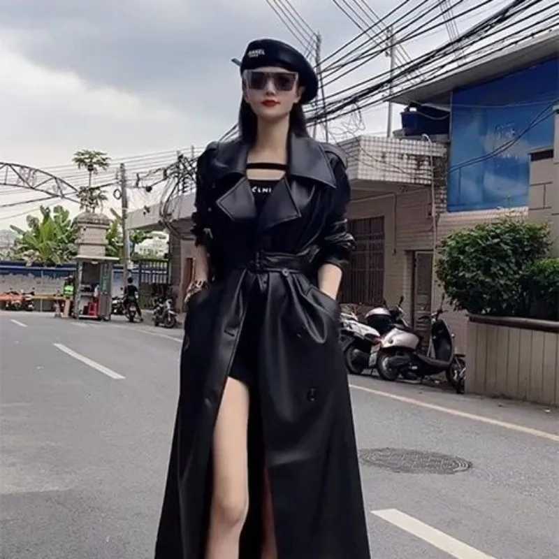 Autumn Elegant Belted Trench Coats Women PU Leather Jacket Long Windbreaker Vintage Waterproof Jackets Spring Fashion OuterwearX240921