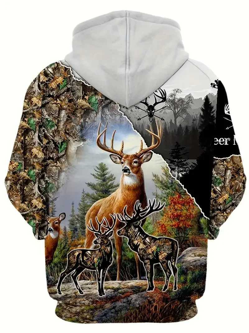 Autumn mens hooded sweatshirt with deer graphic 3D printing hooded sweatshirt outdoor street casual long sleeved top mens ultra-thin clothing W240921