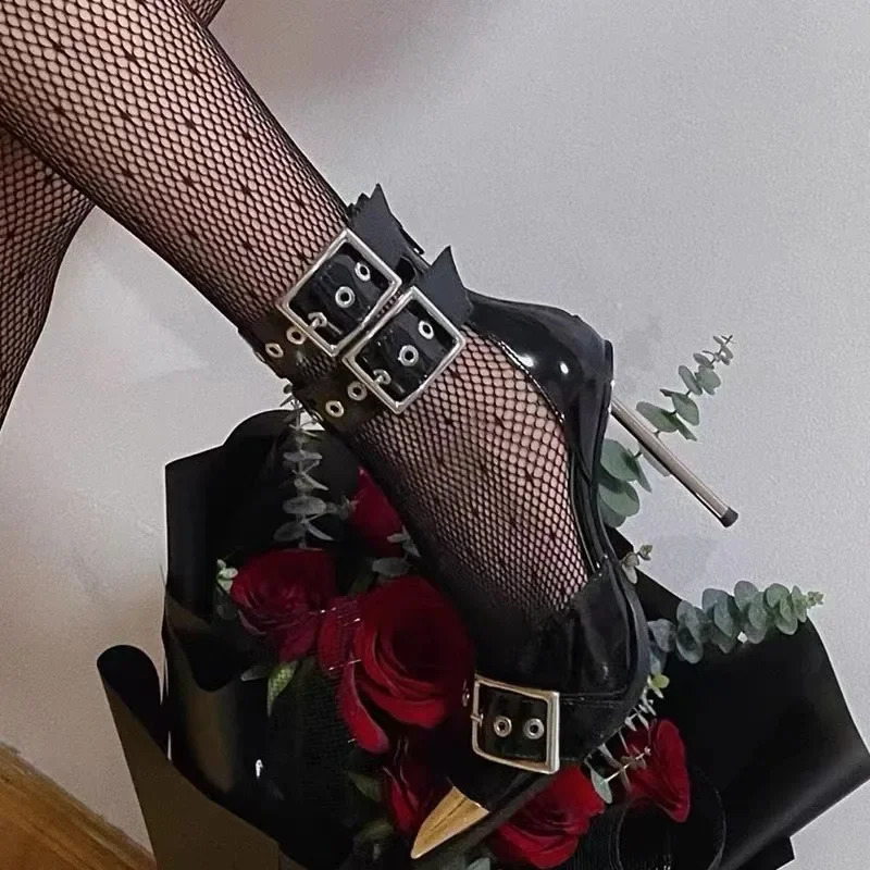 Punk style high heels for women black dot metal buckle thin with cool handmade sandals for womens summer 2024 item 240919