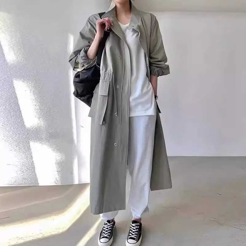 Trench Coat For Women Korean Style Long 2024 Autumn Retro Stand Up Collar Large Pockets Loose Casual Zipper Windbreaker K2368X240921