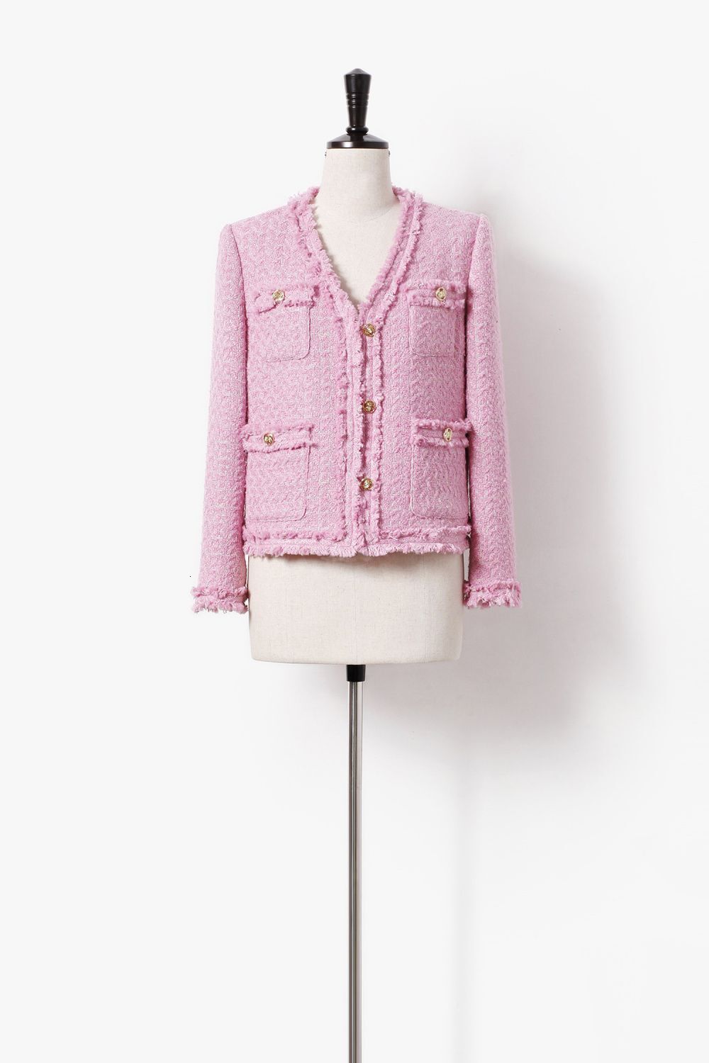 Fashion Korean Tweed Pink Jacket For Women Autumn Winter 2024 New Vintage Long Sleevehigh Quality Coat Female Cloth Outwear Tops