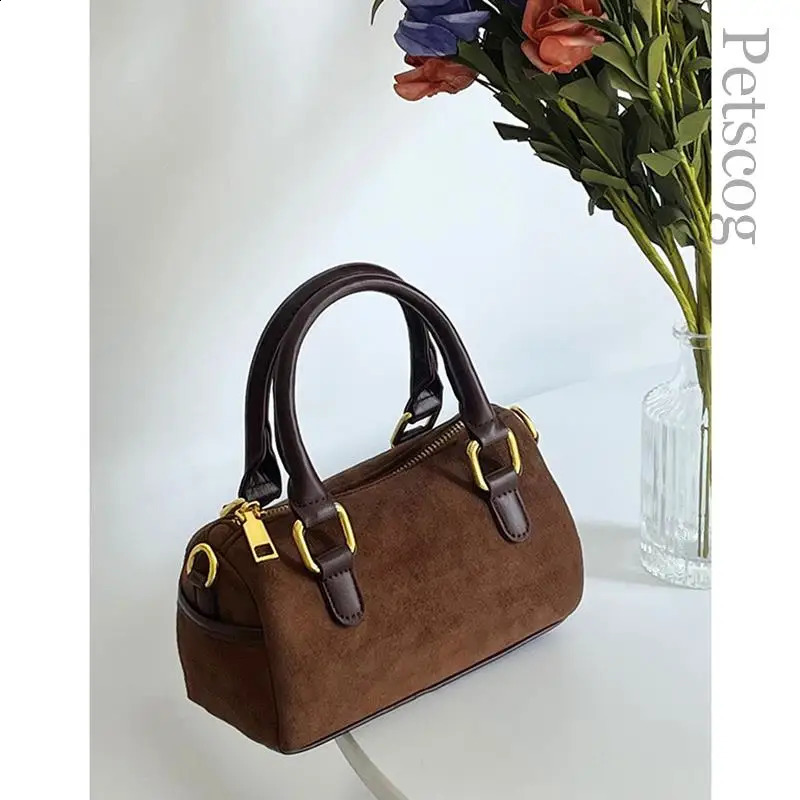 Vintage Womens Handbag Suede Leather Zipper Box Shape Top-handle Crossbody Clutch Purse Female Fashion Shoulder Bags 240918