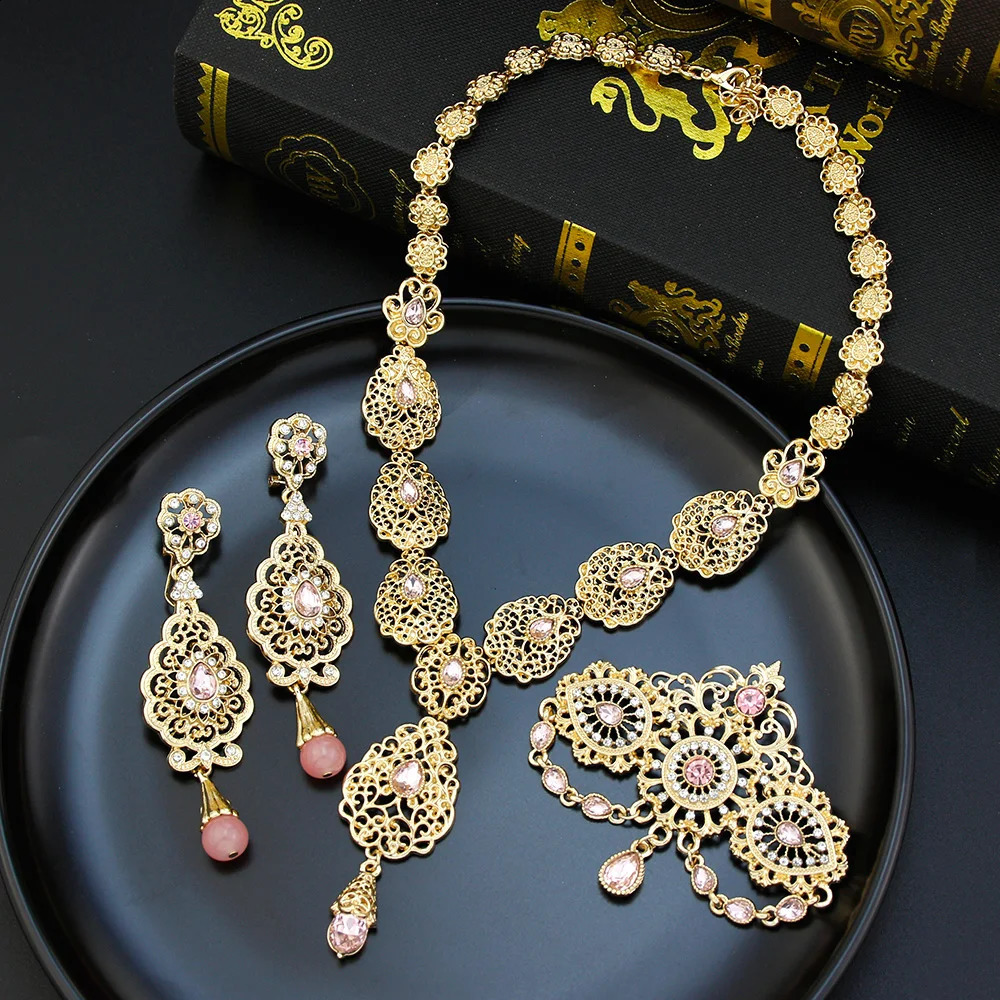 Sunspicems Gold Color Moroccan Bride Jewelry Sets for Women Caftan Brooch Earring Necklace Set Algeria Flower Pendant Necklace 240911