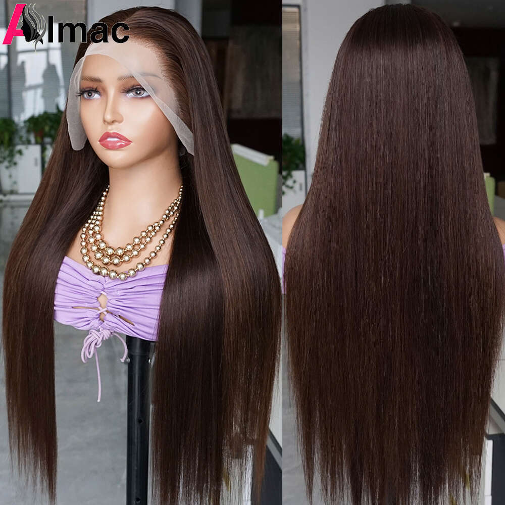 200 Density Dark Brown Straight Frontal Human Wigs For Women 13x4 Transparent Lace Wig Pre-Plucked Indian Remy Hair