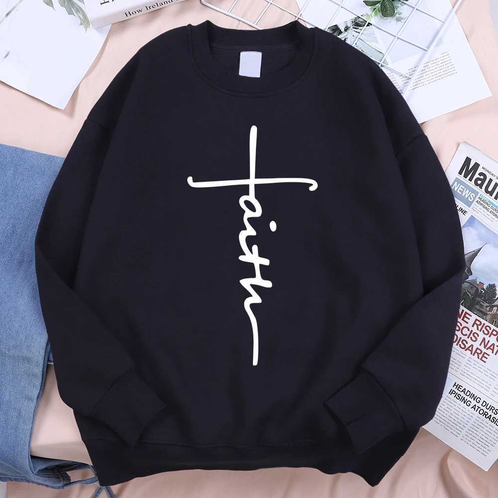 Faith Cross Letter Print Mens Hoodie Harajuku Wool Sweatshirt Loose Autumn Mens Street Fashion Warm Hoodie Womens Top W240921
